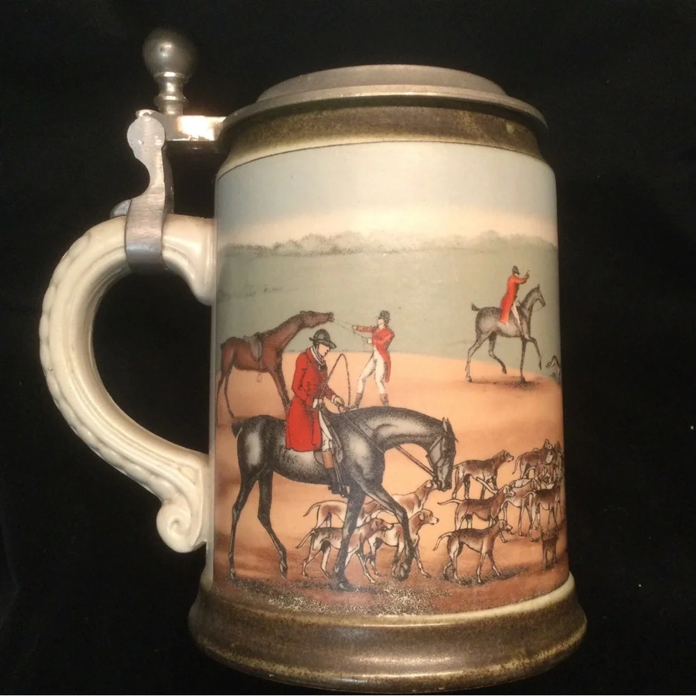 VTG M/R Marzi & Remy German Lidded Beer Stein Pewter The Hunt Fox Hound Germany.